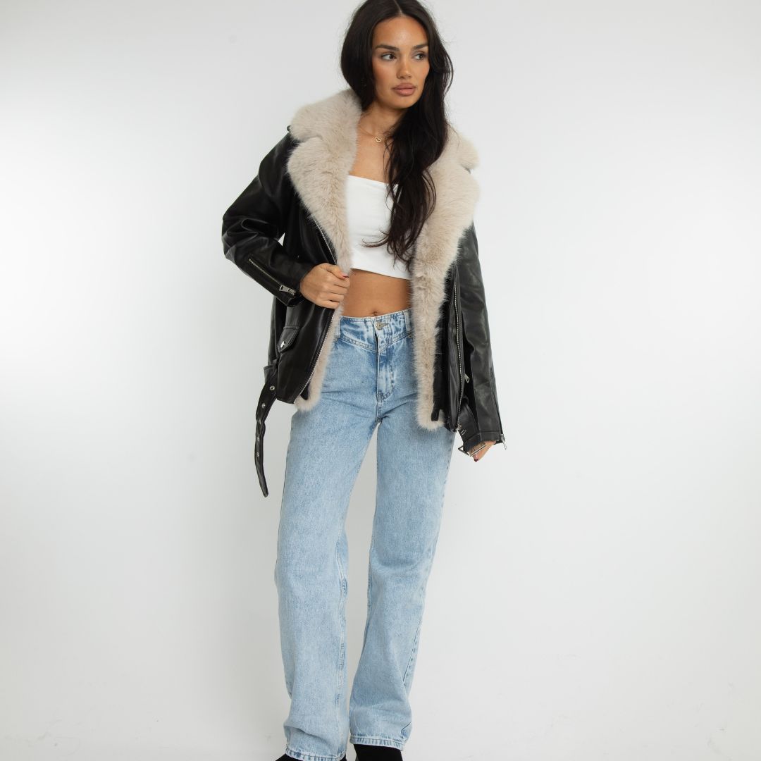 Clair Maison™ | Veste en simili cuir avec fourrure synthétique amovible